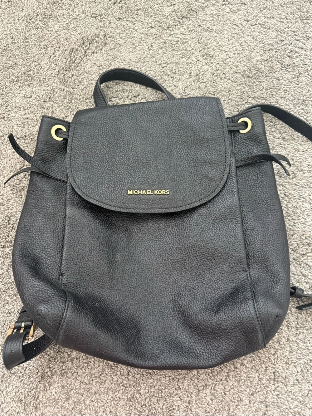 Michael Kors Black Pebbled Leather Drawstring Backpack with Gold Hardware